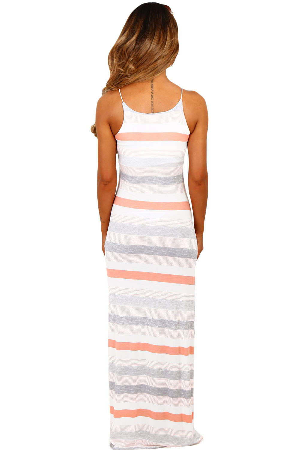 Peach and White Stripe Jersey Maxi Bohemian Dress