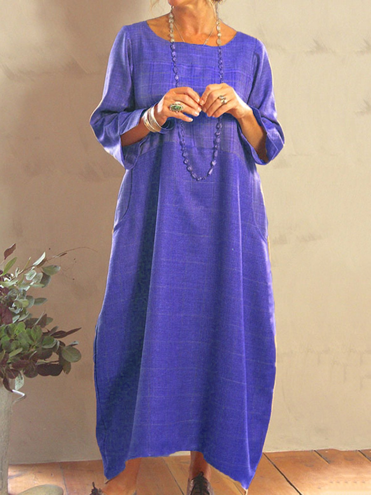 Khaki Cotton-Blend Casual Plain Crew Neck Dresses