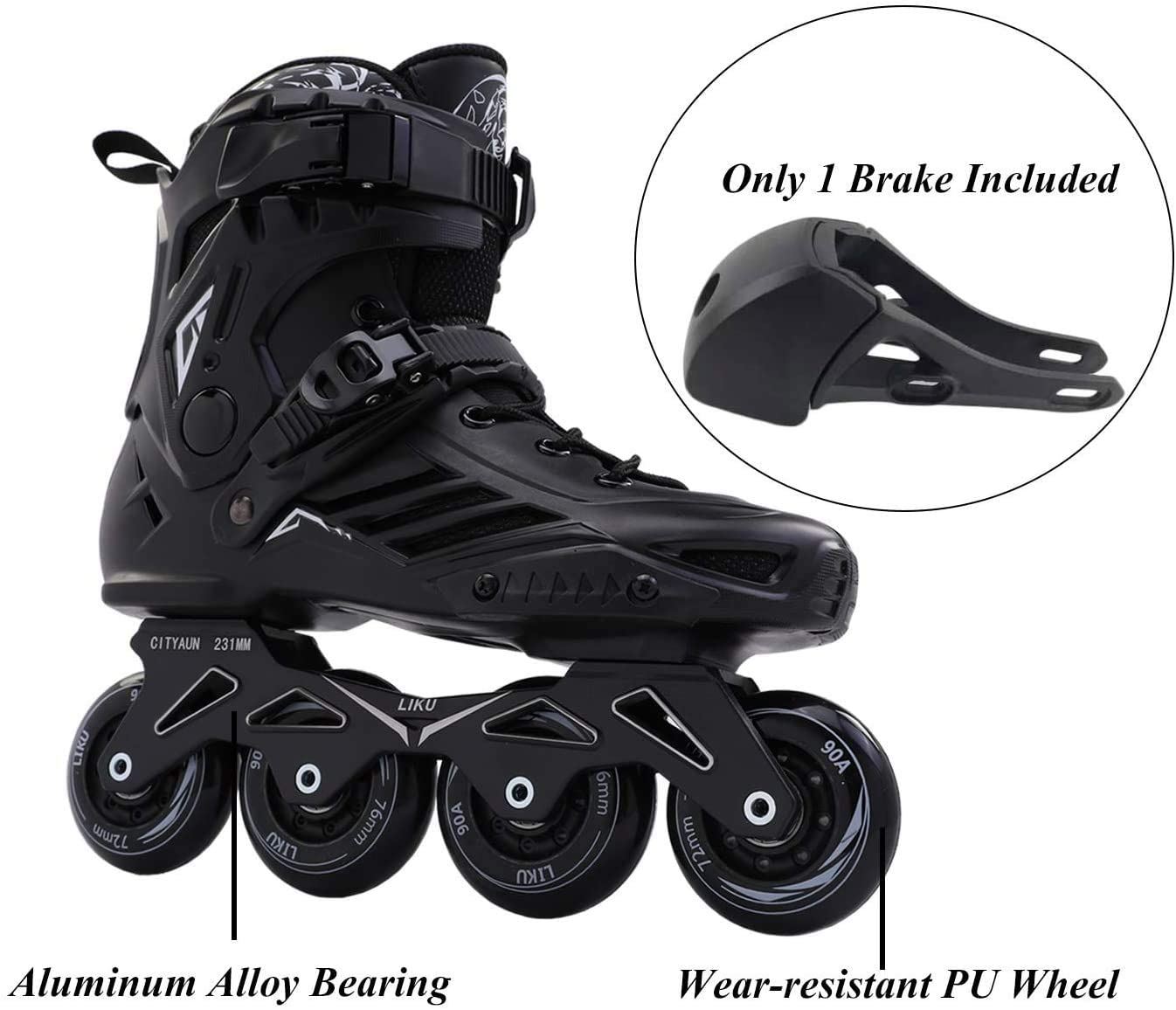 LIKU Black Professional Inline Skates Unisex, Men 6,Women 7