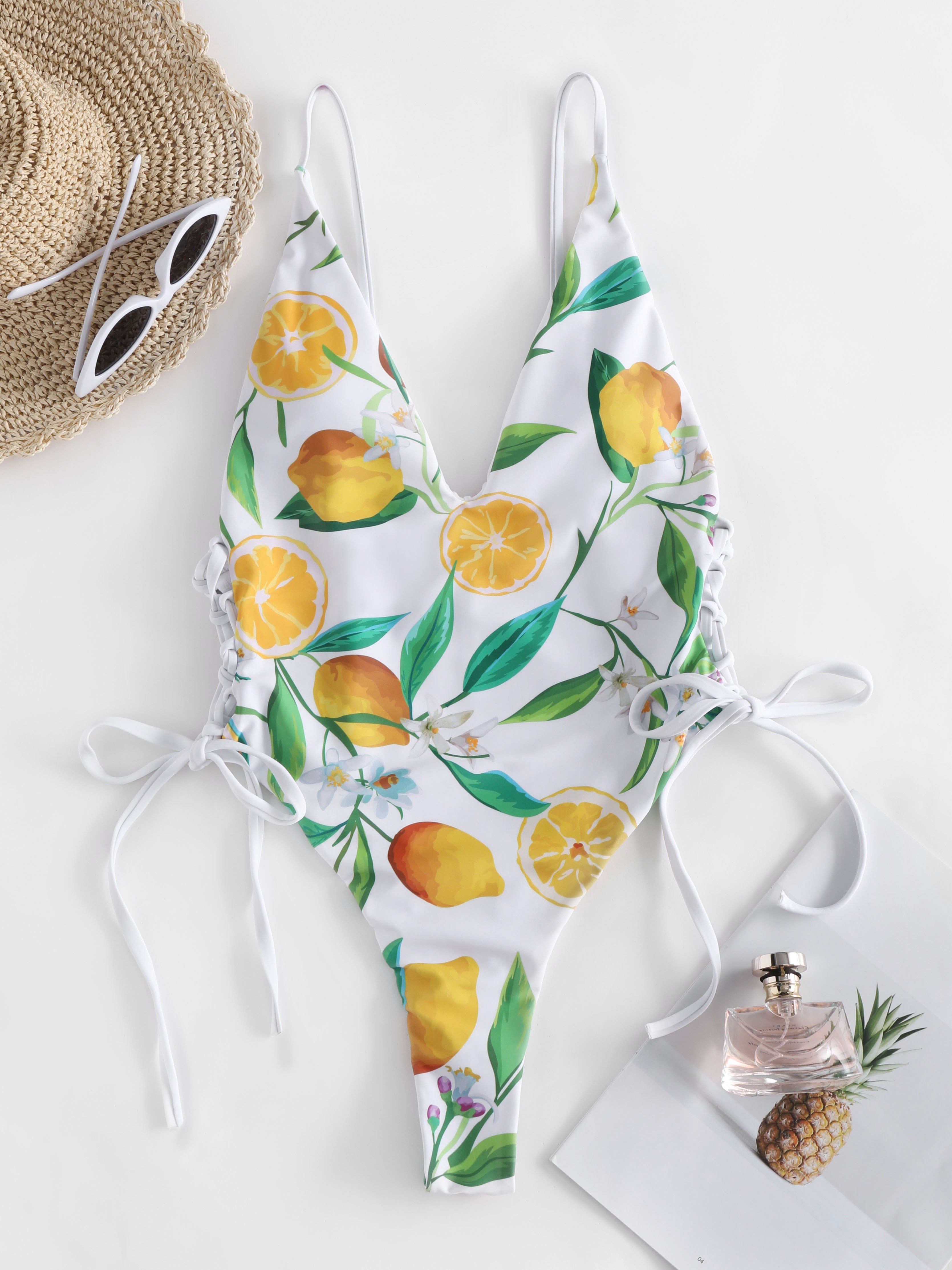 Lemon & Floral Print Cinched Side Plunge Swimsuit