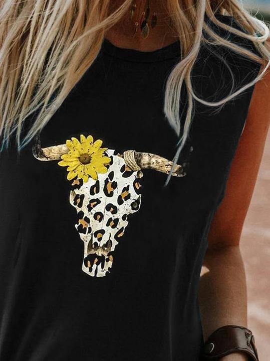 Black Club Beach Holiday Daily Animal Printed Casual Sleeveless Shift Crew Neck Vests