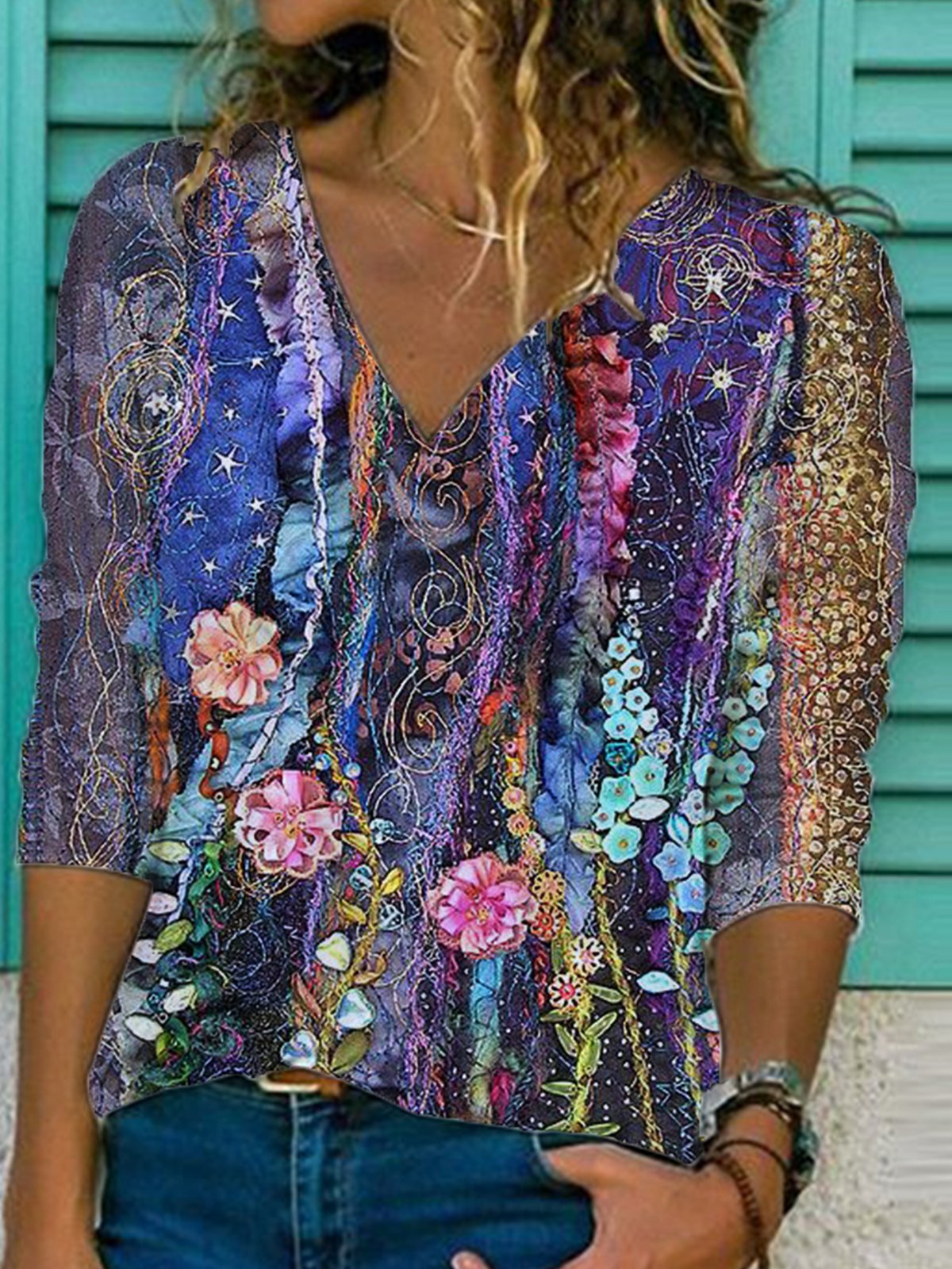 Printed Vintage Abstract Cotton-Blend Shirts & Tops