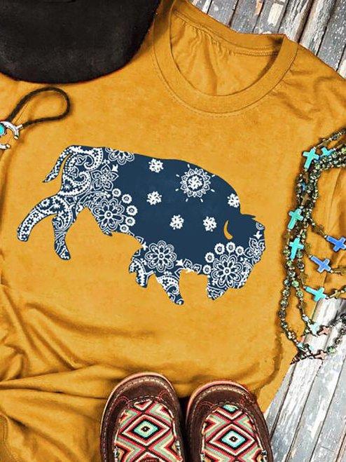 Yellow Short Sleeve Cotton Printed Animal Shirts & Tops
