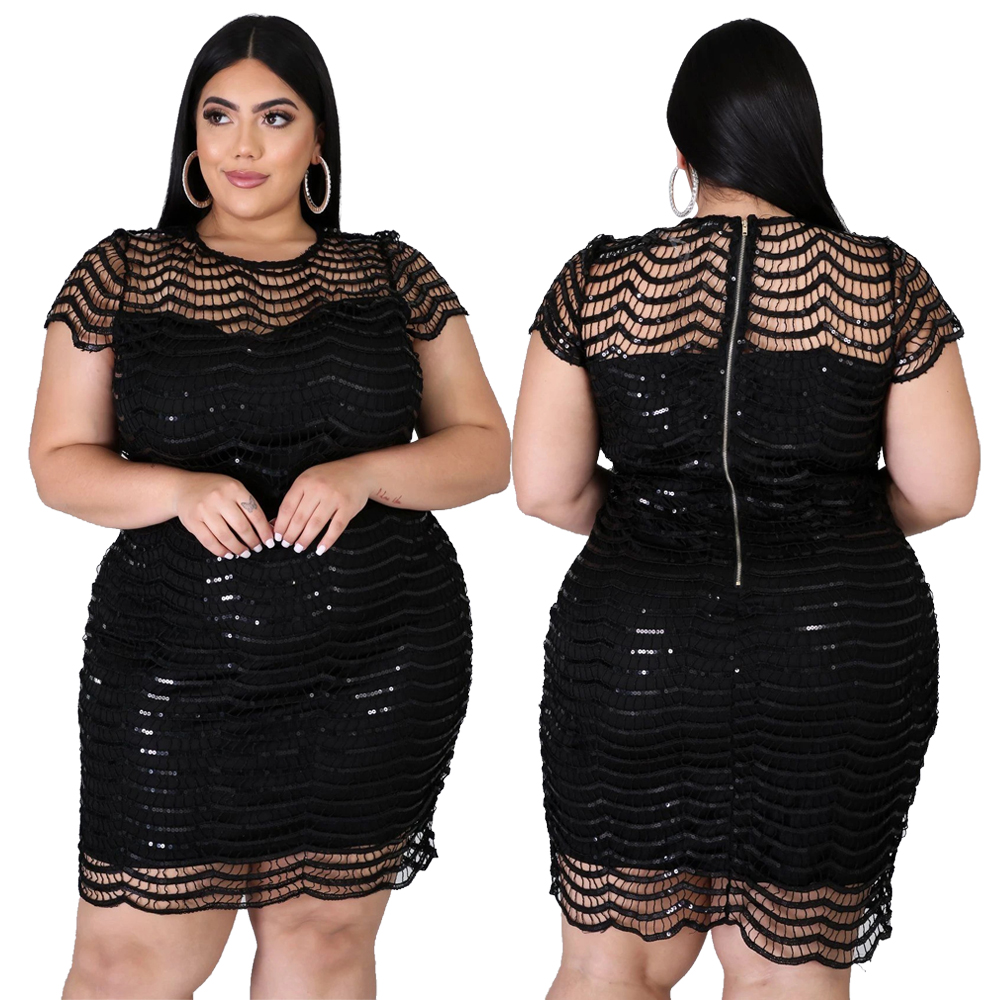 Plus Size Party Short Sleeve Sequins Mini Dress