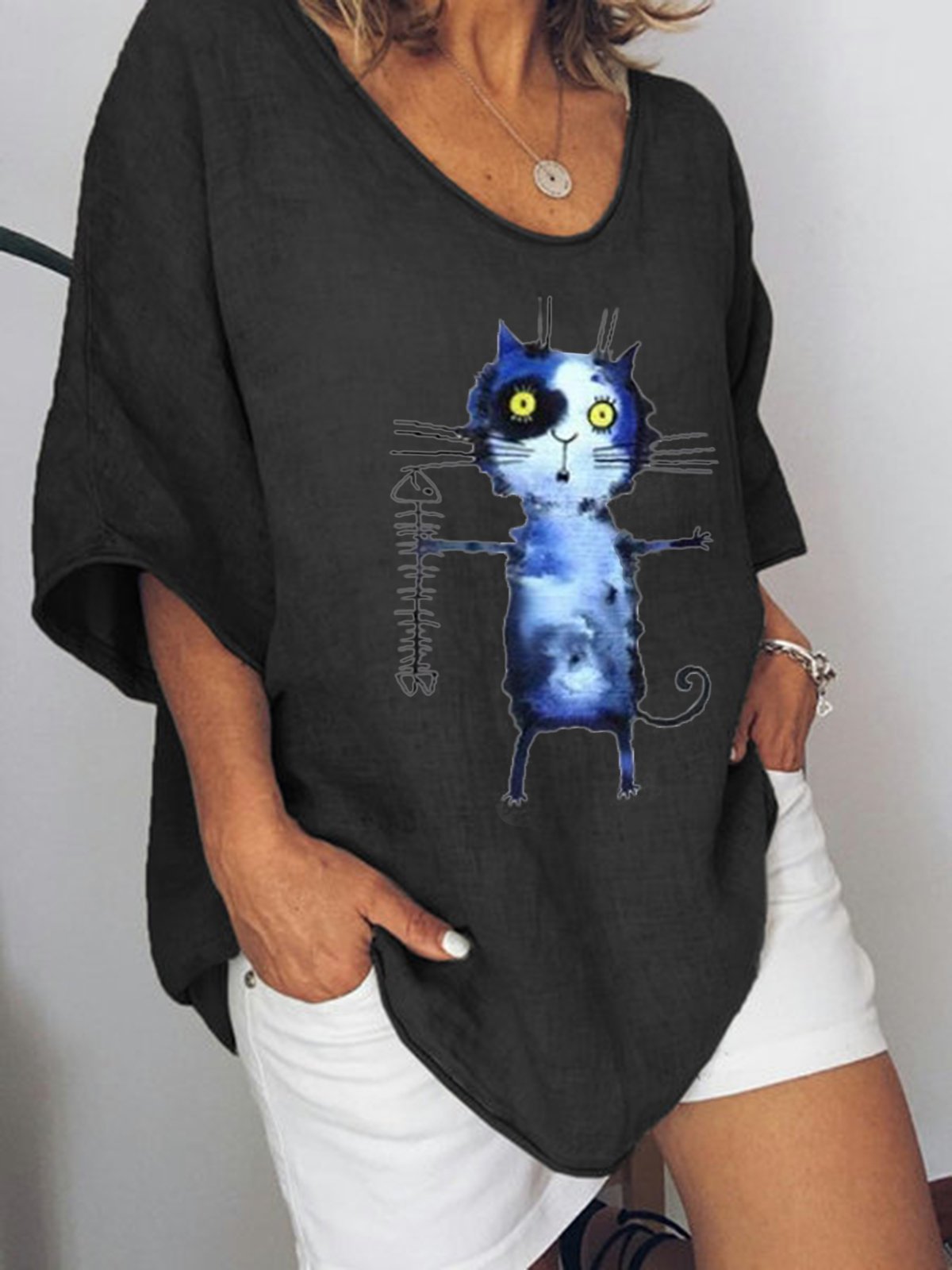 Animal Printed V-neck 3/4 Sleeve Blouse