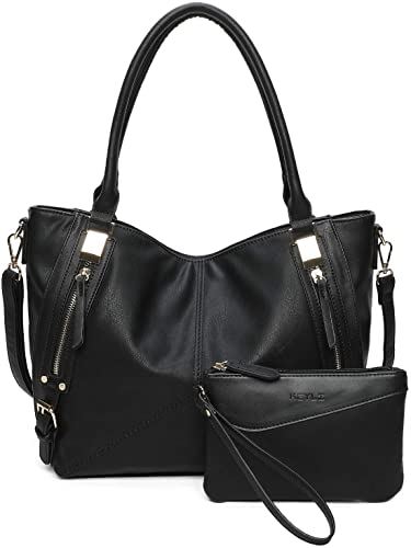 KEYLI Women Handbags Faux Leather Hobo Shoulder Bag Fashion Tote, A Black