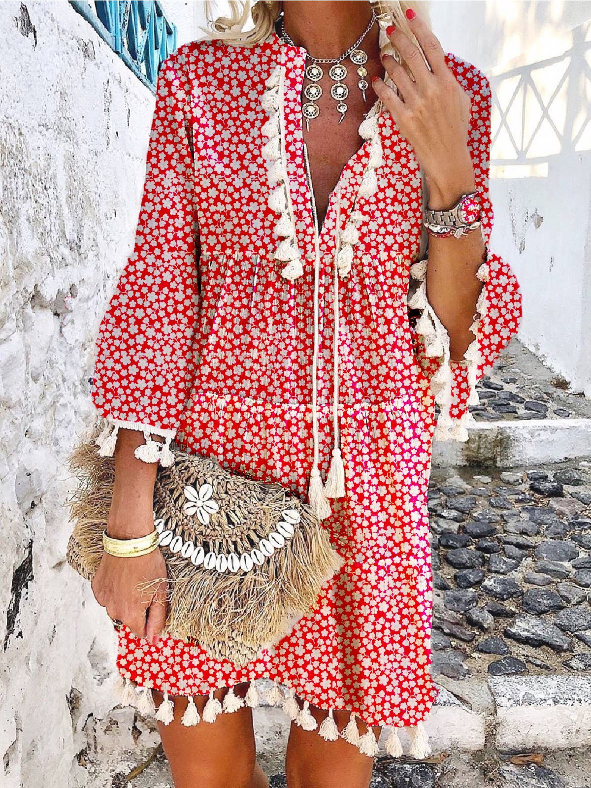 Red Floral-Print V Neck Floral 3/4 Sleeve Dresses