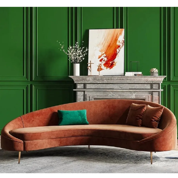 Modern 63  Brown Velvet Curved Sofa Gold Metal Legs with Toss Pillows