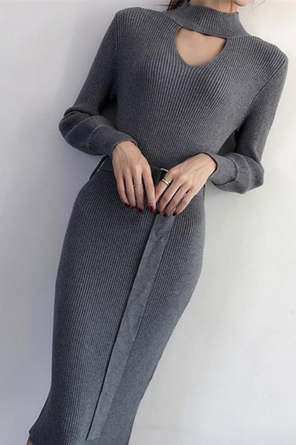 Casual Sexy Pure Color   Knitted Sweater Maxi Dresses