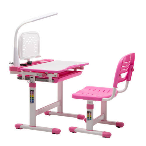 Pink Adjustable Children&s Study Desk Chair Set Child Kids Table with LED Lamp