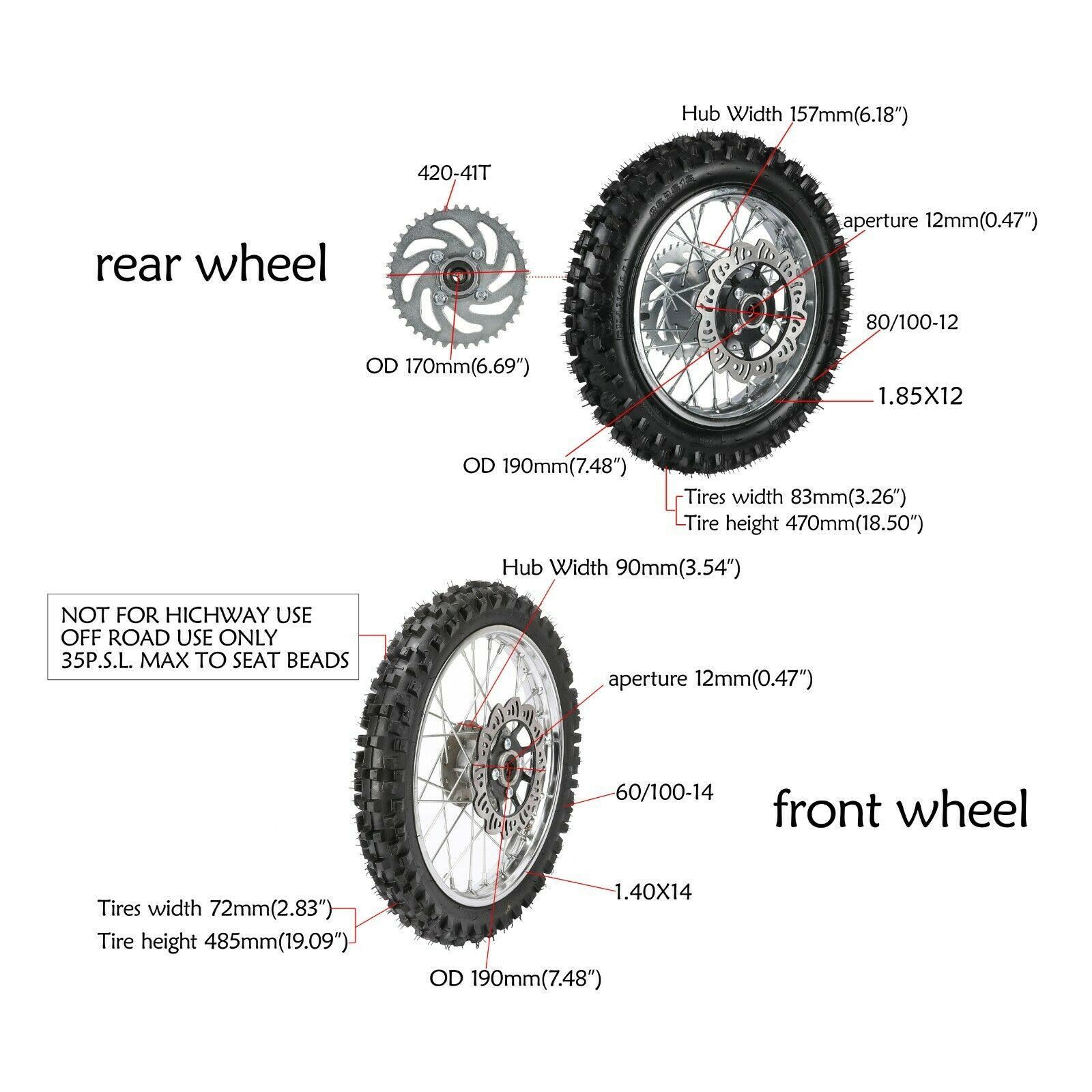 12′′ 14′′ Front 60/100-14 &Rear 80/100-12 Wheel Tire Rim Pit Bike CRF70 Taotao 125