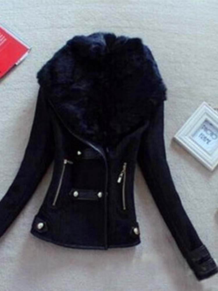 Cony Hair Zipper Winter Warm Lapel Long Sleeve Patchwork Jackets