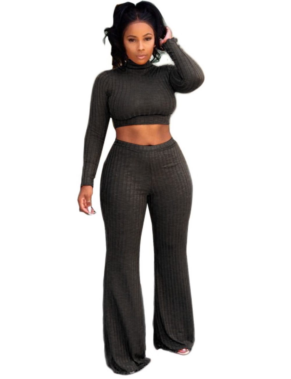 Matching 2PC Plain Knitted Crop Top and Pants Set