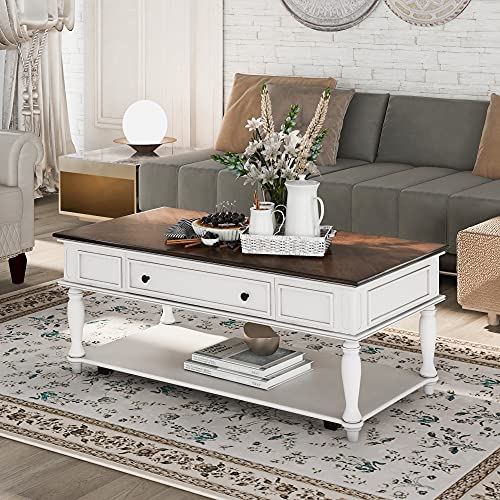 RUNNA Wood Coffee Table with Drawer and Storage Shelf for Livingroom/Office