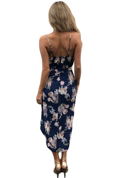 Deep V Neck Multicolor Floral Print Boho Dress in Navy Blue