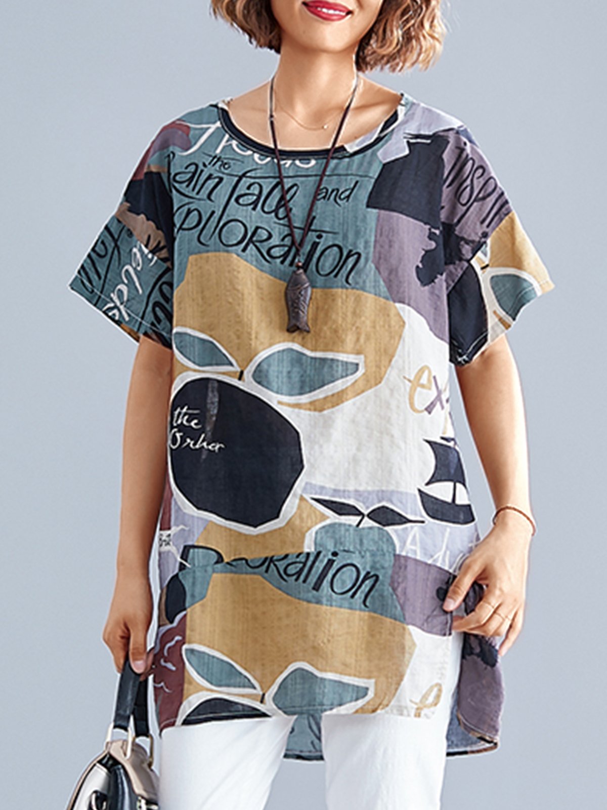 Plus Size Women Short Sleeve Round Neck Vintage Floral Casual Tops