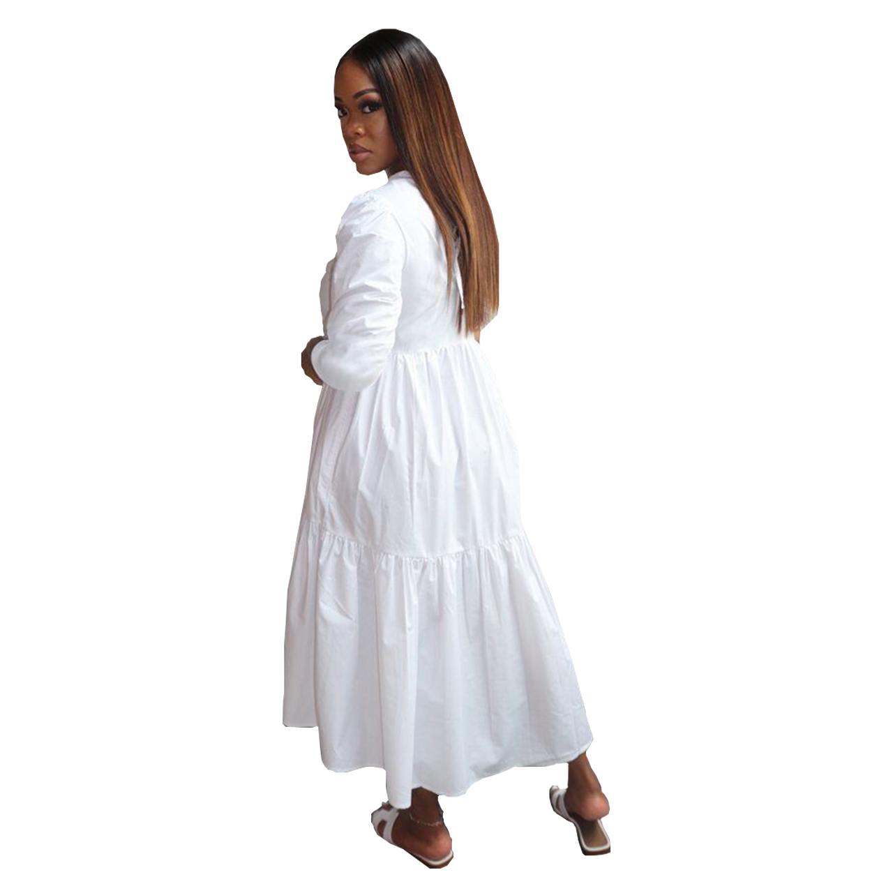 Autumn Casual Fit-and-Flare Plain Long Dress
