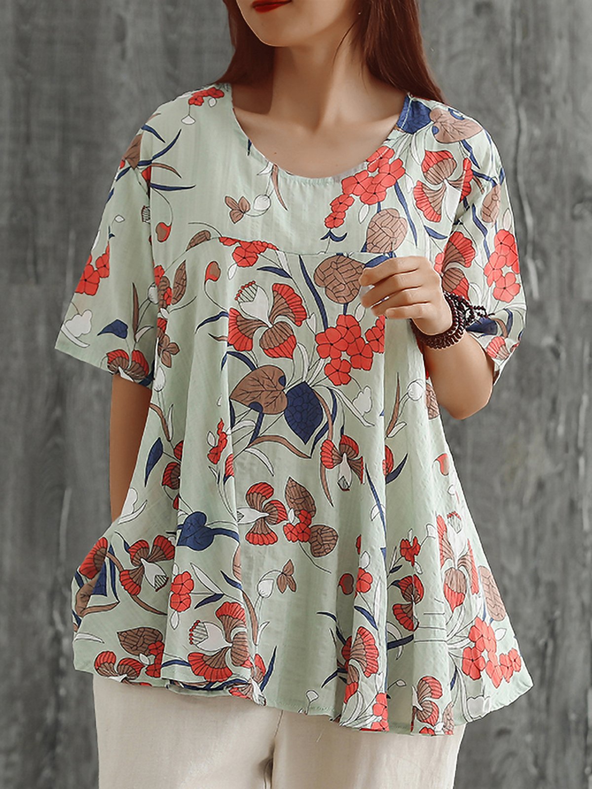 Plus Size Women Loose Cotton And Linen Round Neck Short Sleeve Floral Casual Tops