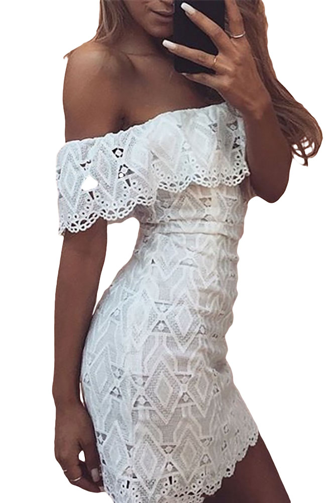 Fashion Lace Crochet Off Shoulder Scalloped Bodycon Dress