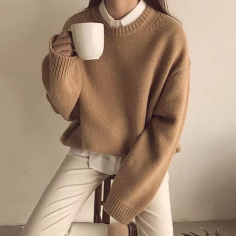 Casual Women Round Neck Long Sleeve Plain Sweater