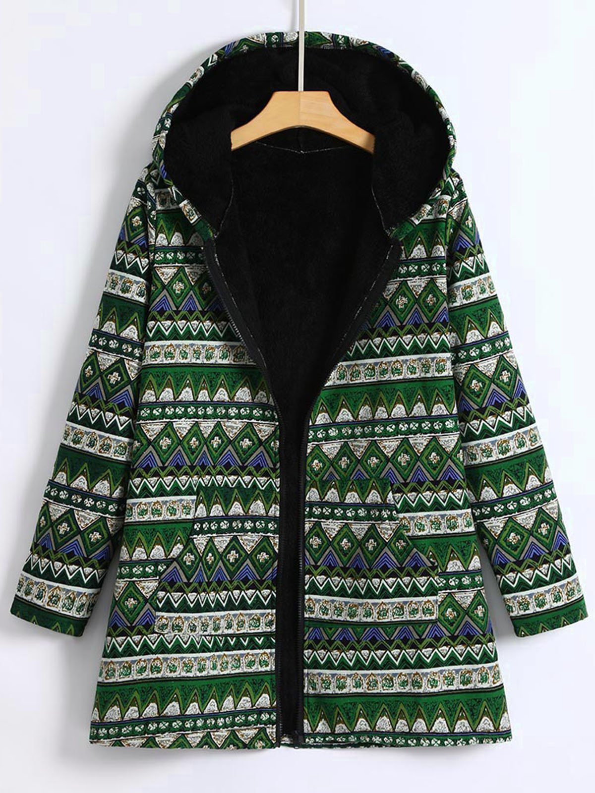 Pockets Long Sleeve Hoodie Tribal Zipper Coat