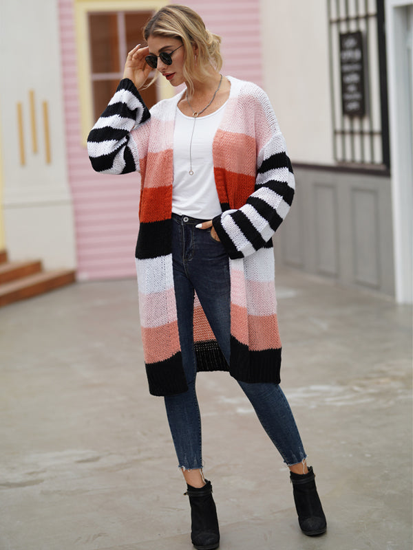 Rainbow Striped Patchwork Sweaters Long Sleeve Knitting Cardigan