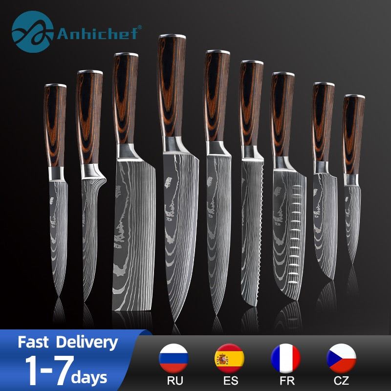 Kitchen knives Set Professional Chef Knives Stainless Steel Imitation Damascus Pattern Santoku Cleaver Slicing Utility Knives