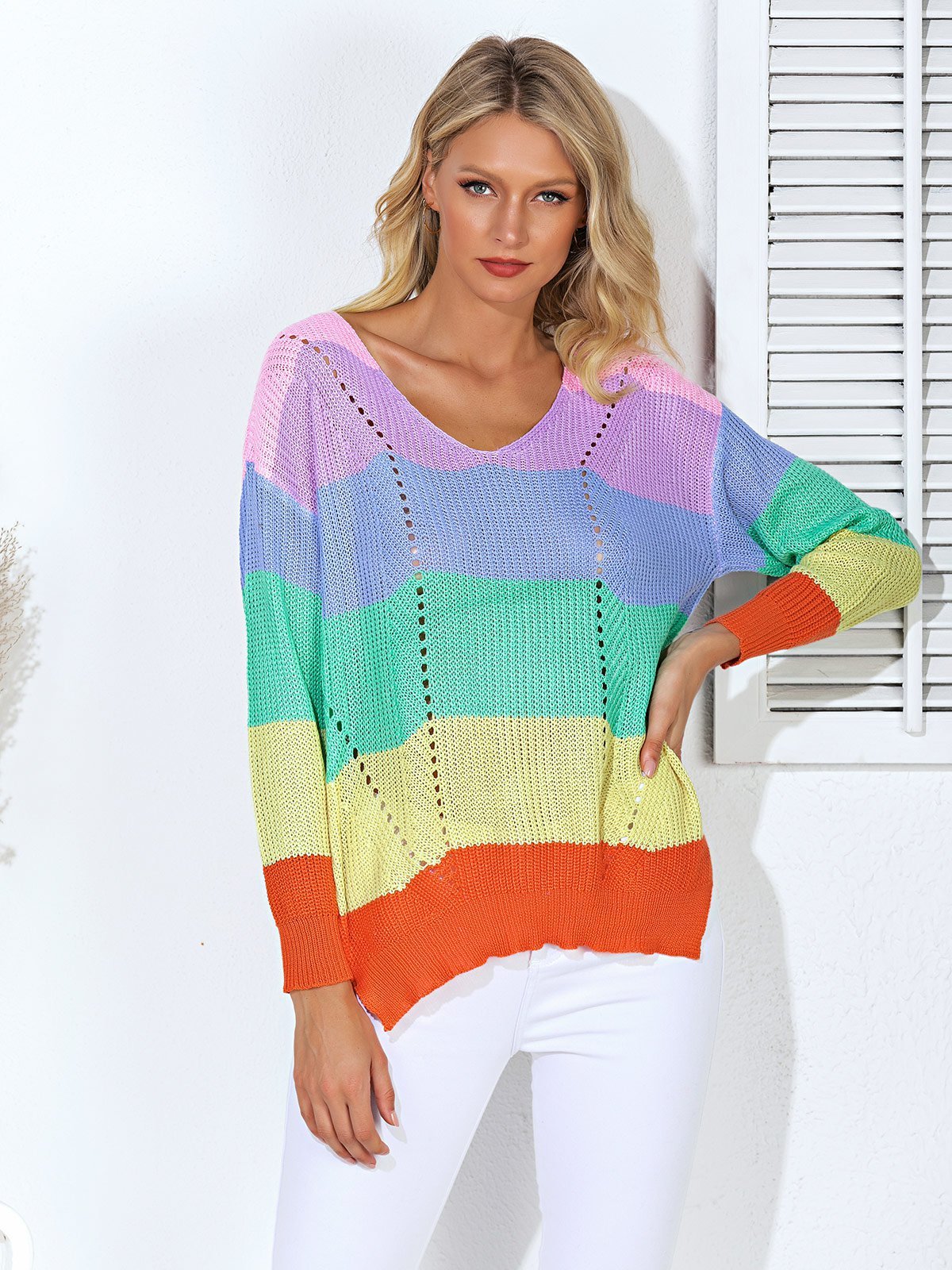 Multicolor Color-Block Striped Eyelet Long Sleeve Sweaters