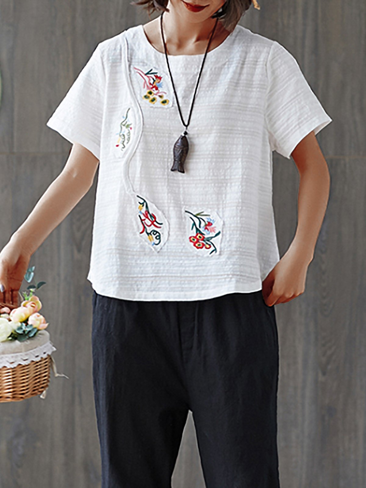 Plus Size  Women  Cotton And Linen  Floral  Short  Sleeves Round Neck  Casual  Tops