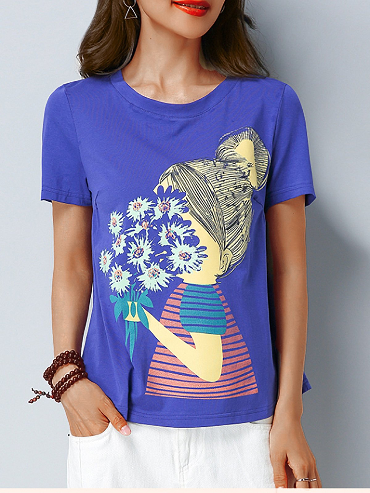 Plus Size Women Short  Sleeve  Round Neck    Floral  Casual  Tops