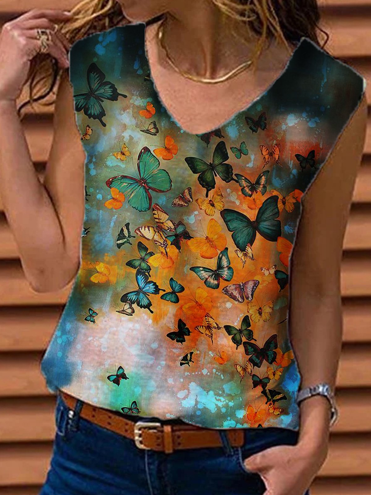 Butterfly Sleeveless V Neck Vintage Shirts & Tops