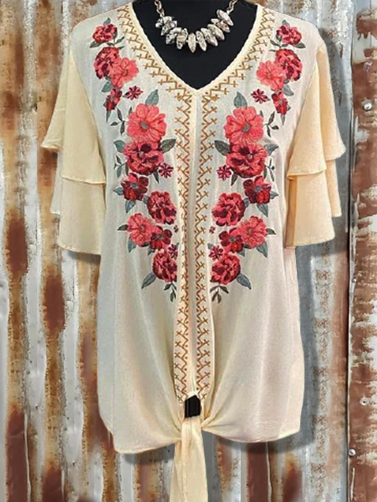 Cotton-Blend Holiday Short Sleeve V Neck Shirts & Tops