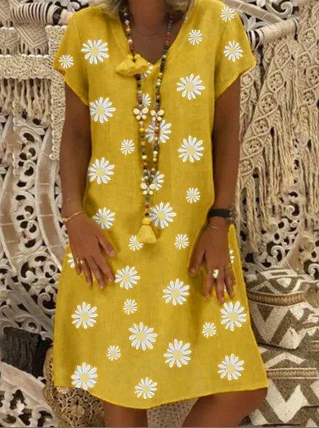 Casual vintage V-neck short-sleeved daisy dress