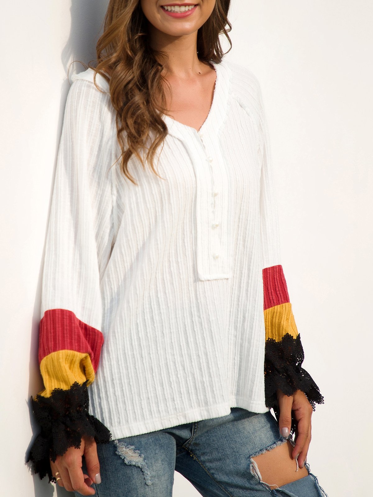 Casual V Neck Long Sleeve Beaded Shift Sweaters