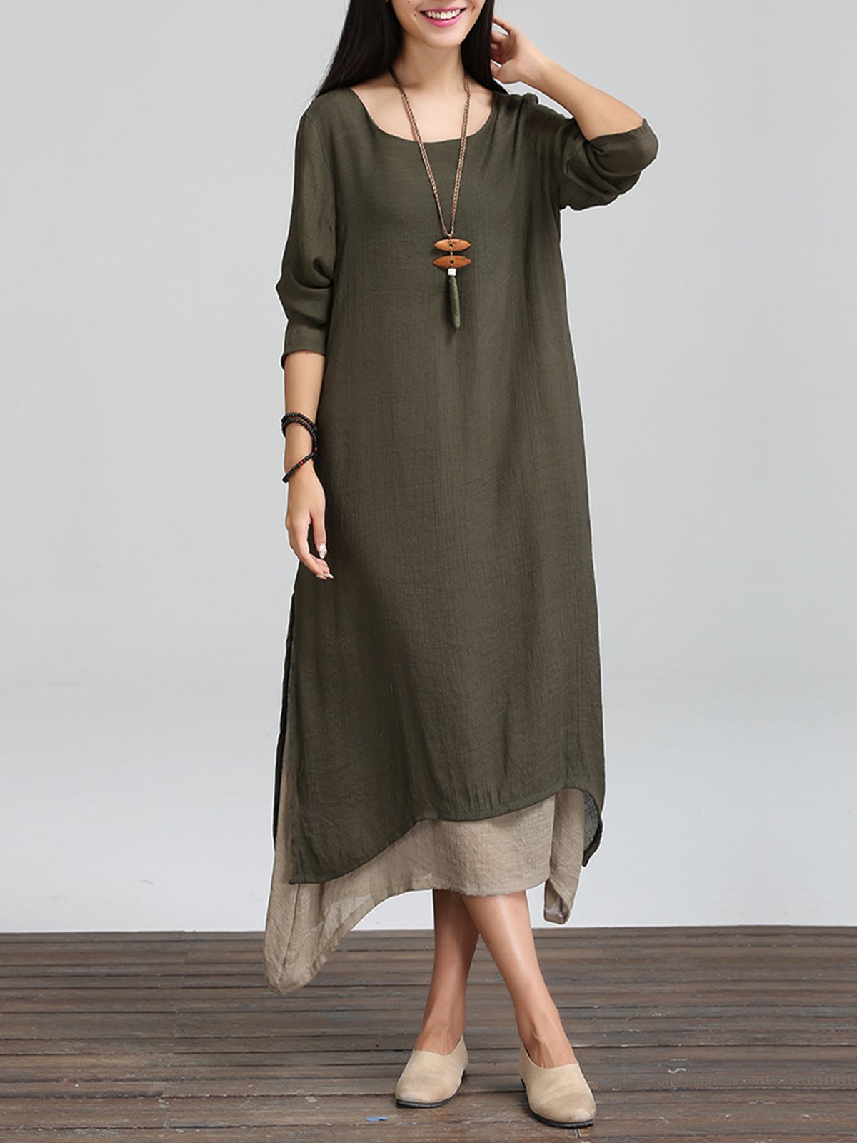 Long Sleeve Linen Cotton Crew Neck Casual Plus Size Dress