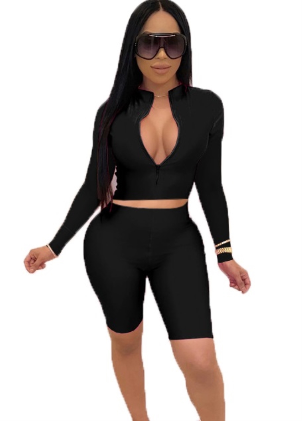 Sexy Black Long Sleeve Crop Top and Biker Shorts Set