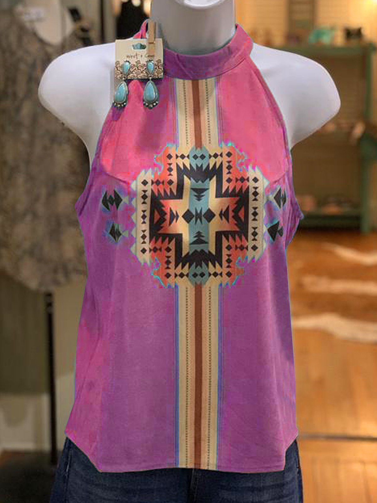 Vintage Geometric Crew Neck Shirts & Tops