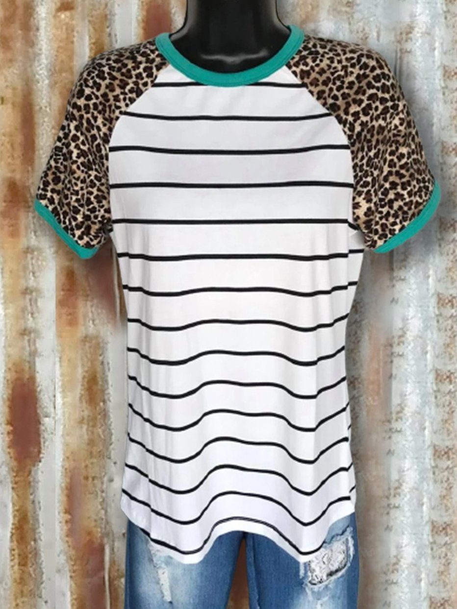 Printed Crew Neck Stripes Short Sleeve Shirts & Tops