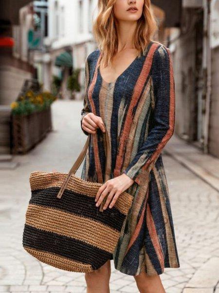 Red V Neck Striped Vintage Dresses