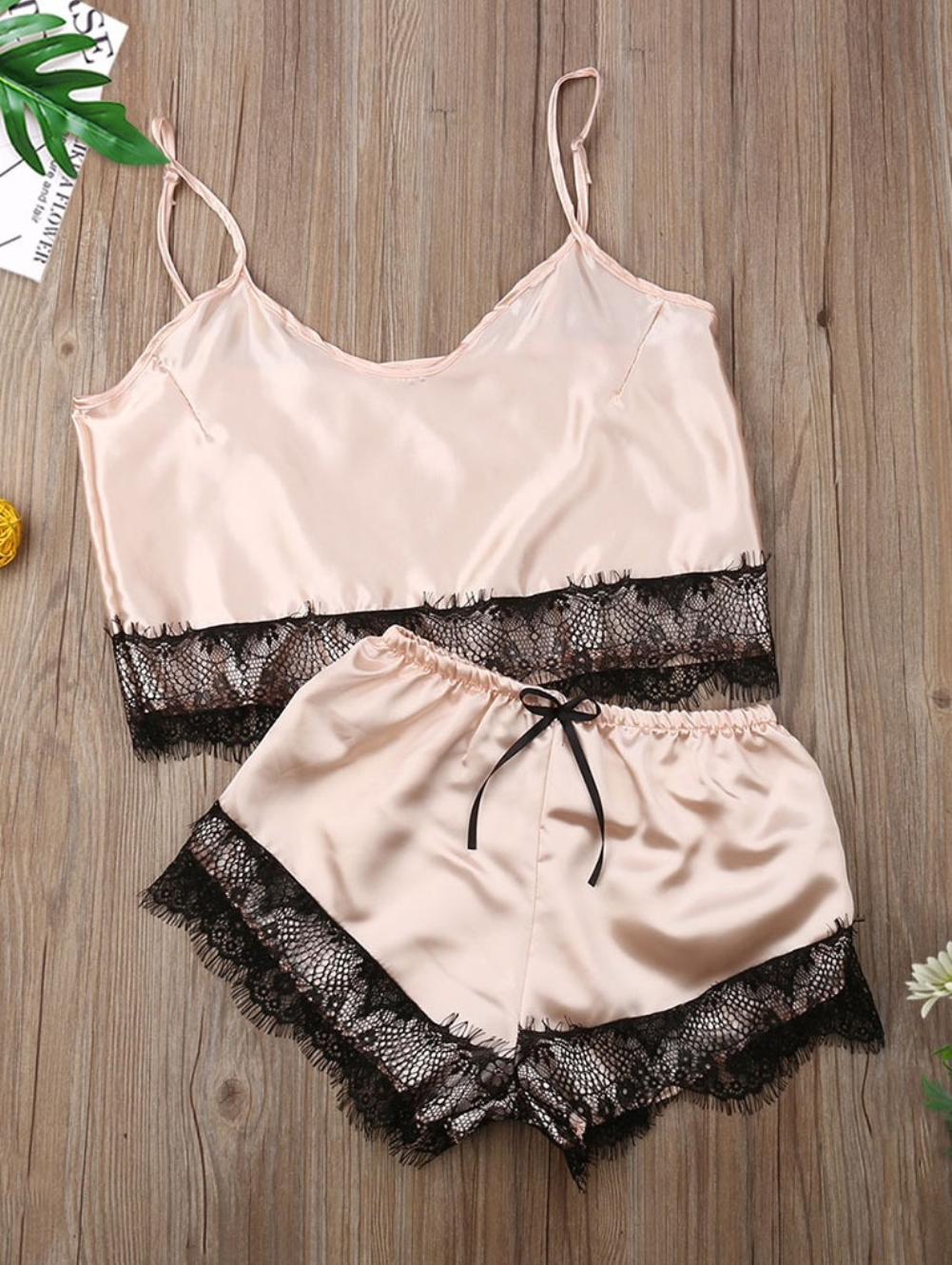 Summer Two Piece Satin Shorts Pajama Set with Lace Trims