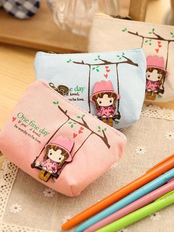 Printed Canvas Bag Coin Bag Super Cute Little Girl Cute Swing Zero Wallet
