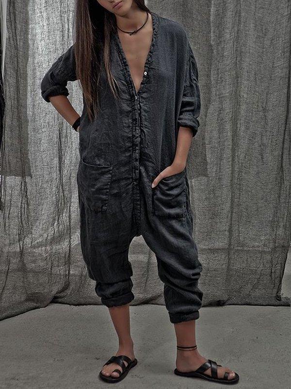 Casual Long Sleeve V Neck Solid Plus Size Bat Sleeve Rompers With Pockets