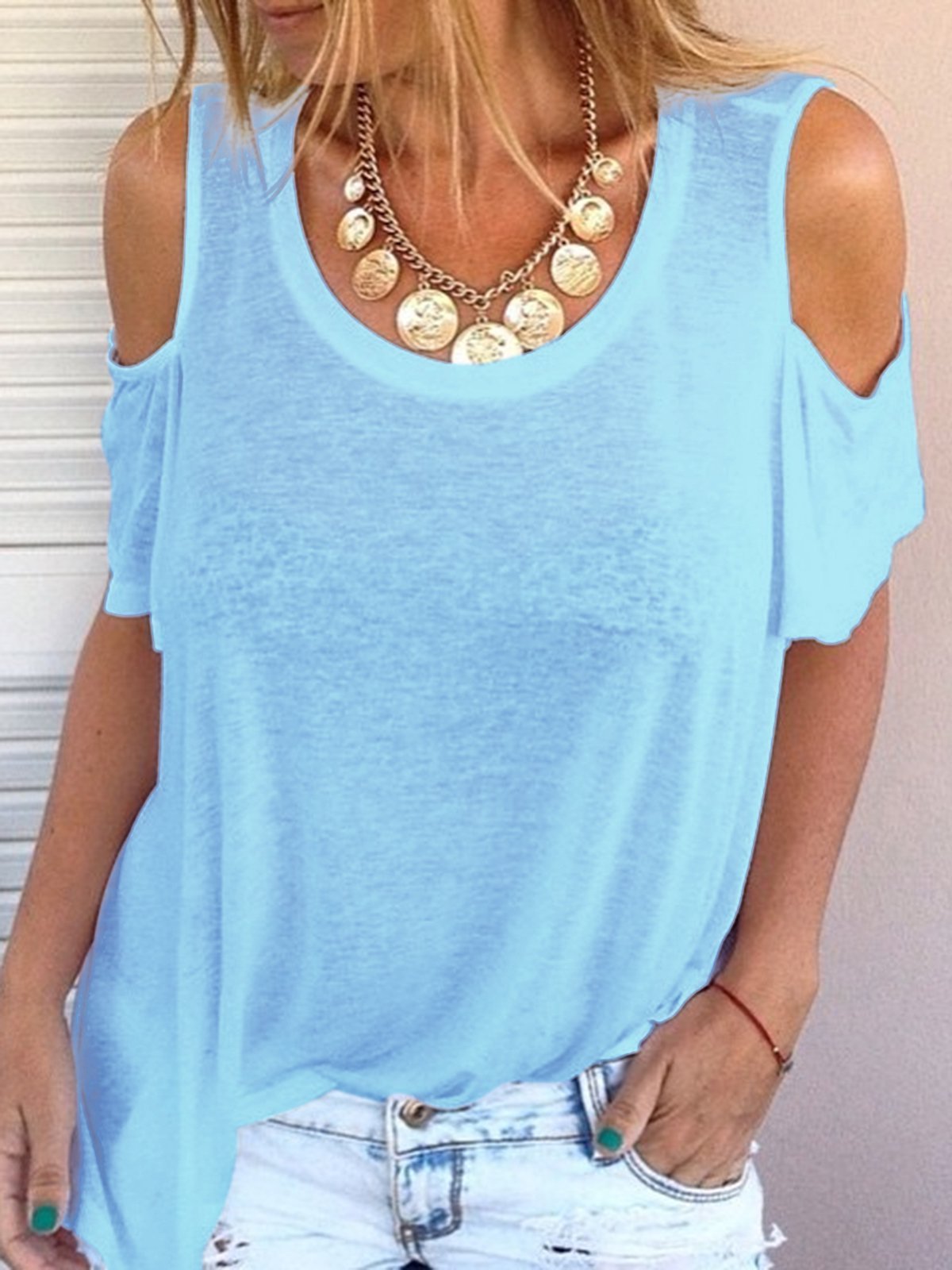 Women Tops Cold Shoulder Round Neck Sexy Casual T-Shirts