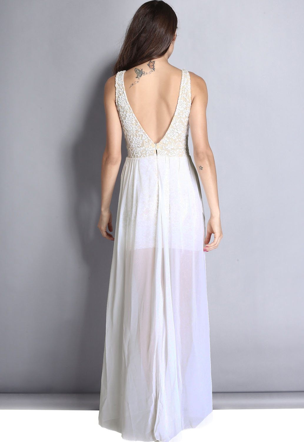 White Lace Plunging Neck Slit Evening Gown