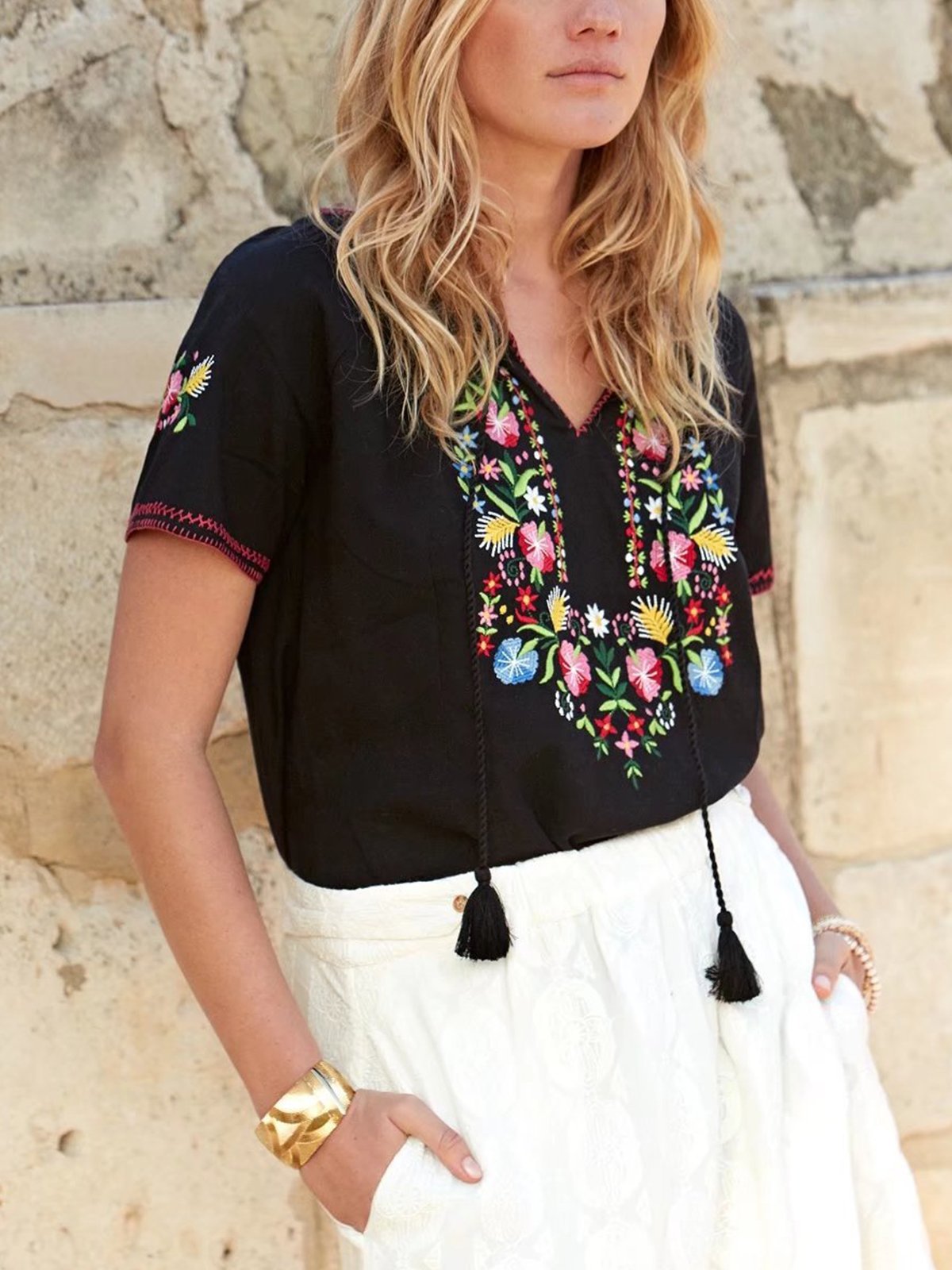 Short Sleeve Boho V Neck Cotton-Blend Shirts & Tops