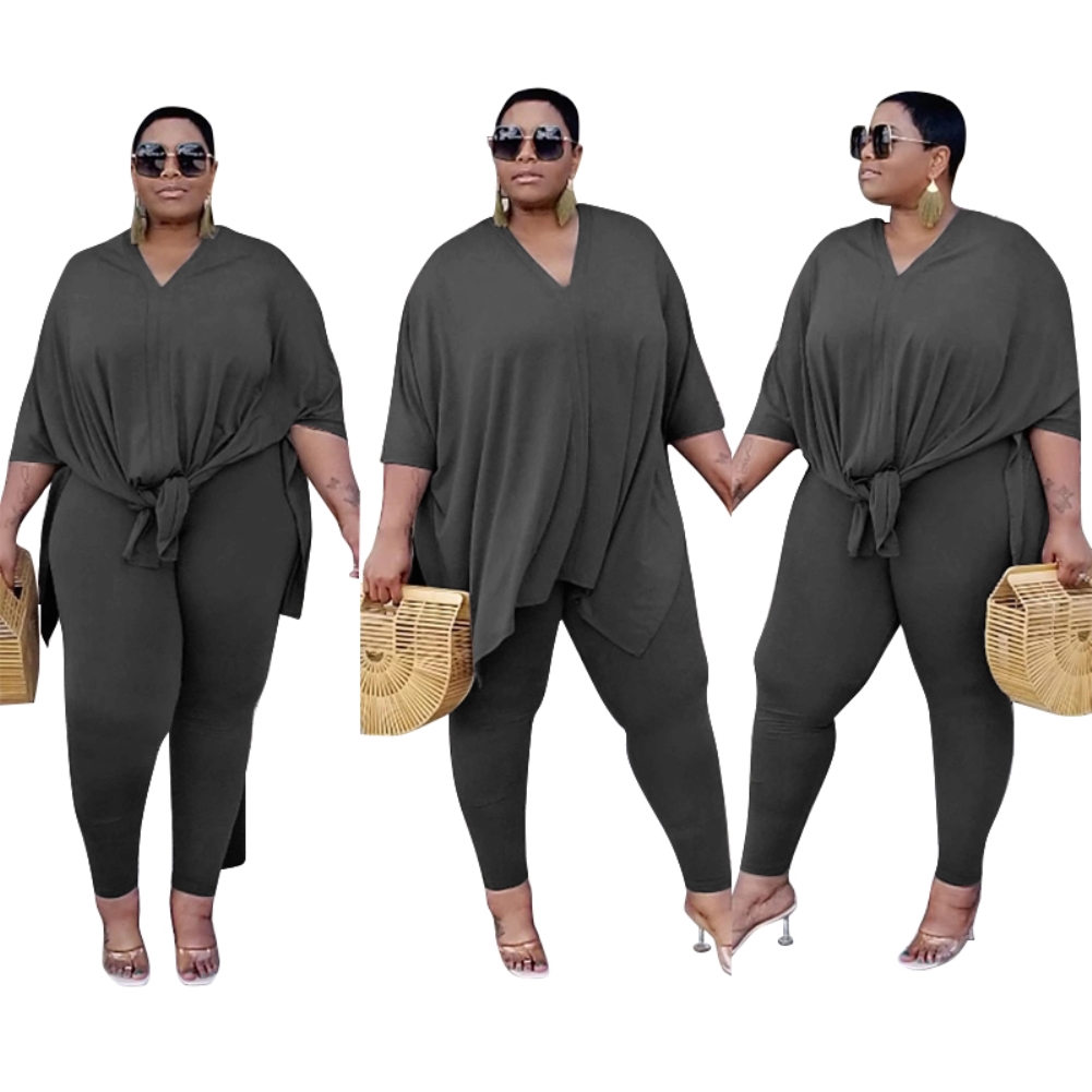 Plus Size Casual Plain Two Piece Pants Set
