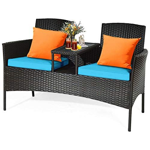 Conversation Furniture Set with Table and Two Removable Cushions Rattan Wicker Chairs and Table Set �C Brown+Blue