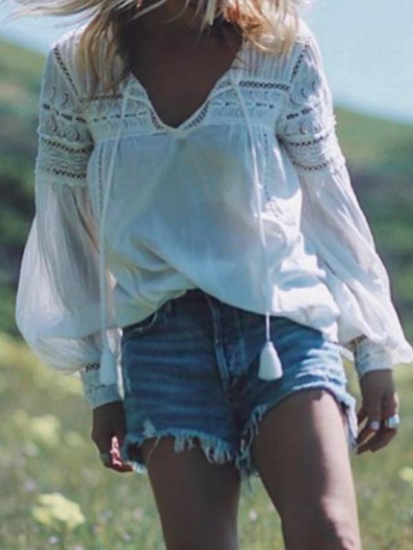 Long Sleeve V Neck Lace Shirts & Tops