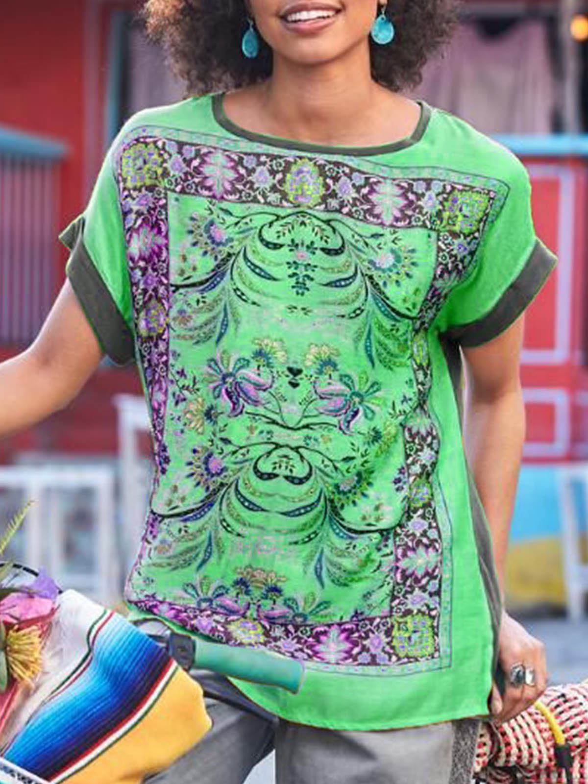 Short Sleeve Cotton-Blend Boho Round Neck Shirts & Tops