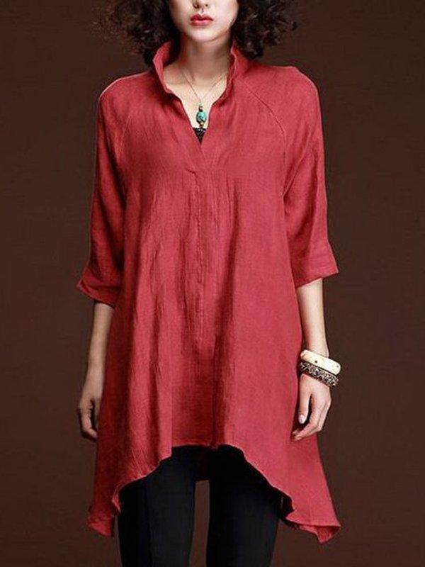 Casual 3/4 Sleeve V Neck Solid Plus Size Tops